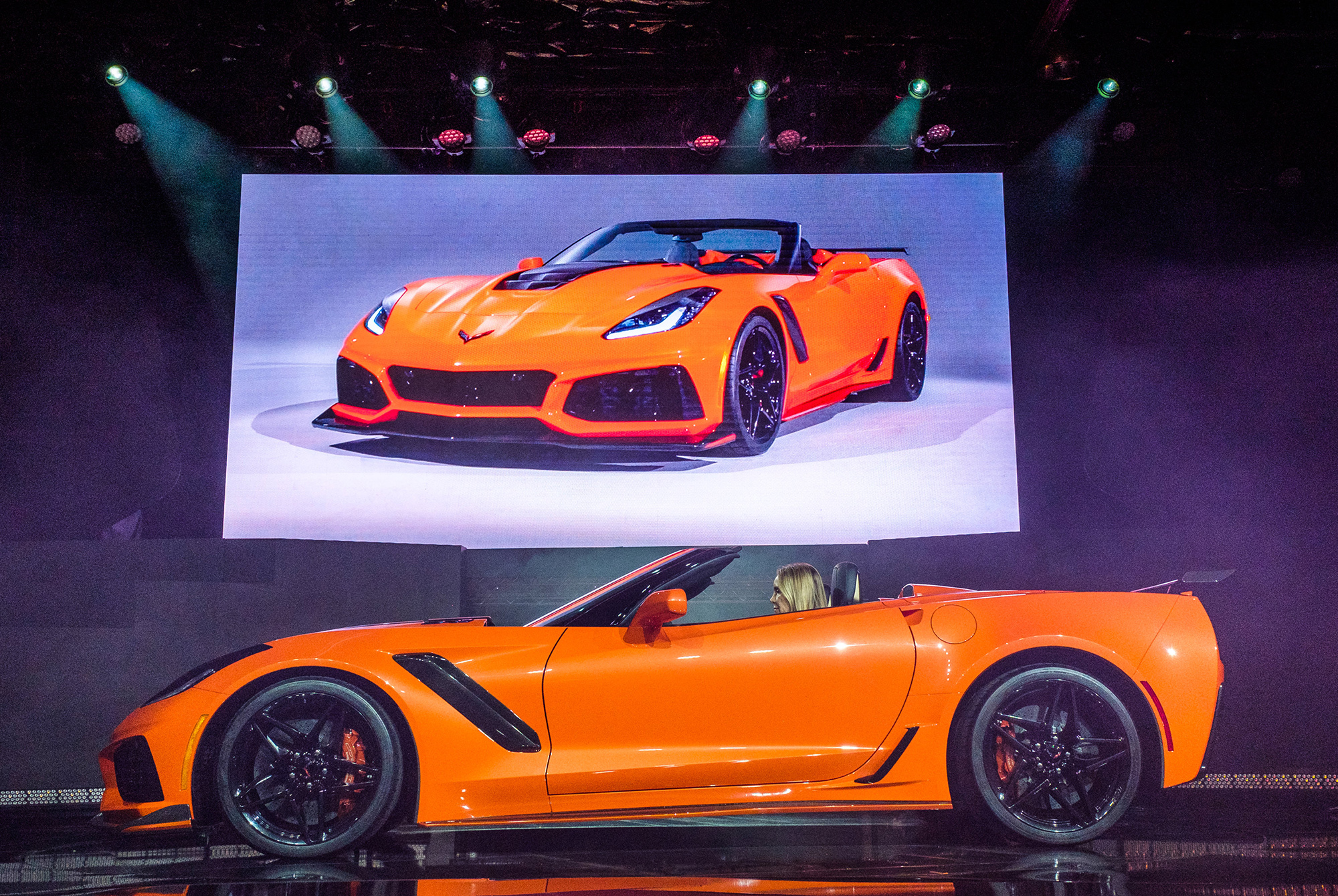 The 2019 Corvette ZR1 Convertible makes its world debut Tuesday, November 28, 2017 in Los Angeles, California. The Corvette ZR1s unique aero package is central to the coupes 212-mph top speed generated by the 755 horsepower LT5 6.2L supercharged engine. The ZR1 convertible will start at $123,995 and will go on sale in the spring of 2018. (Photo by Steve Fecht for Chevrolet)