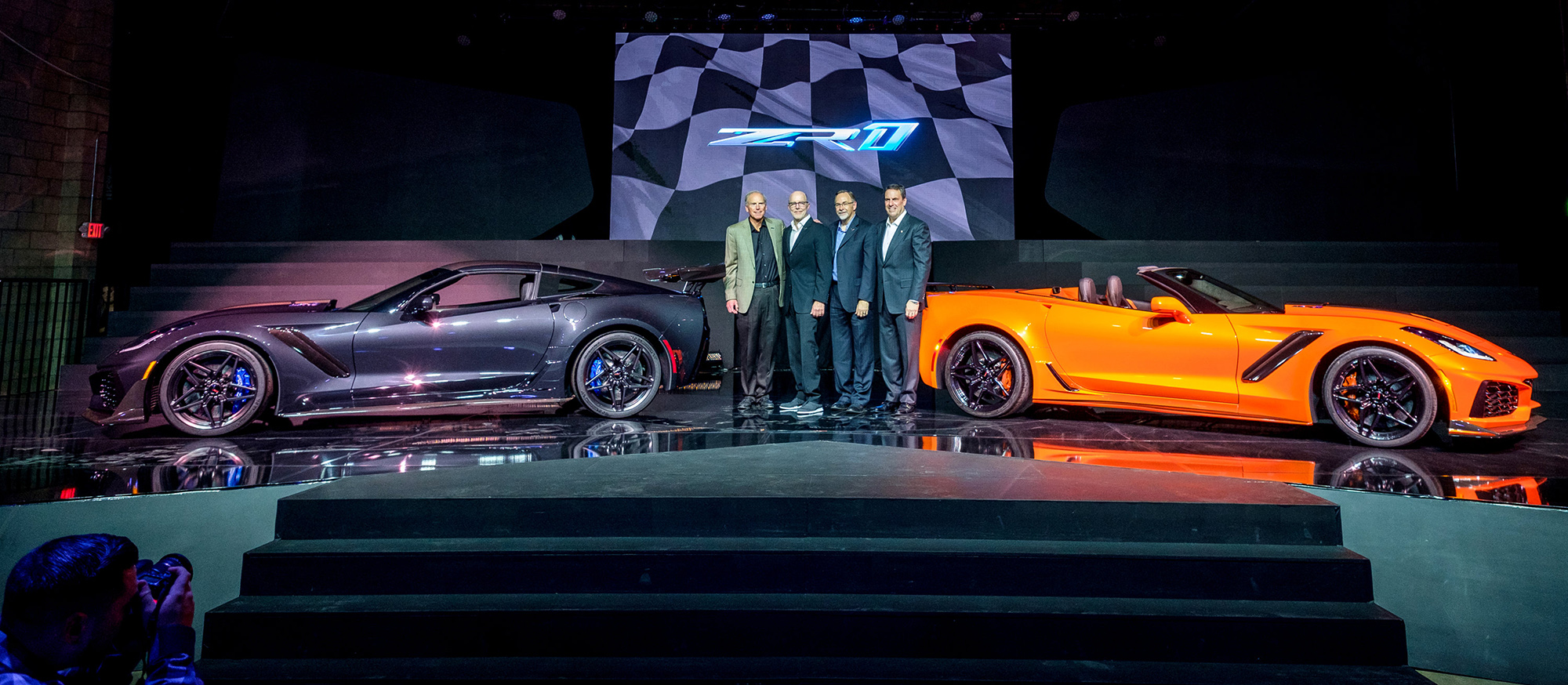 Corvette Executive Chief Engineer Tadge Juechter (l to r), Corvette Design Director Tom Peters, Corvette Design Manager Kirk Bennion and General Motors Executive Vice President Global Product Development Mark Reuss with the 2019 Corvette ZR1 (left) and the 2019 Corvette ZR1 Convertible at the convertible's world debut Tuesday, November 28, 2017 in Los Angeles, California. The Corvette ZR1s unique aero package is central to the coupes 212-mph top speed generated by the 755 horsepower LT5 6.2L supercharged engine. On sale in the spring of 2018, the ZR1 will start at $119,995 and the ZR1 convertible will start at $123,995. (Photo by Steve Fecht for Chevrolet)